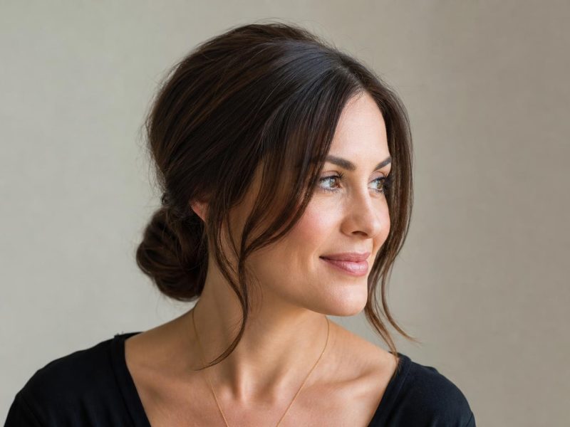 Polished Low Chignon with Soft Face-Framing Pieces on Dark Brown Hair
