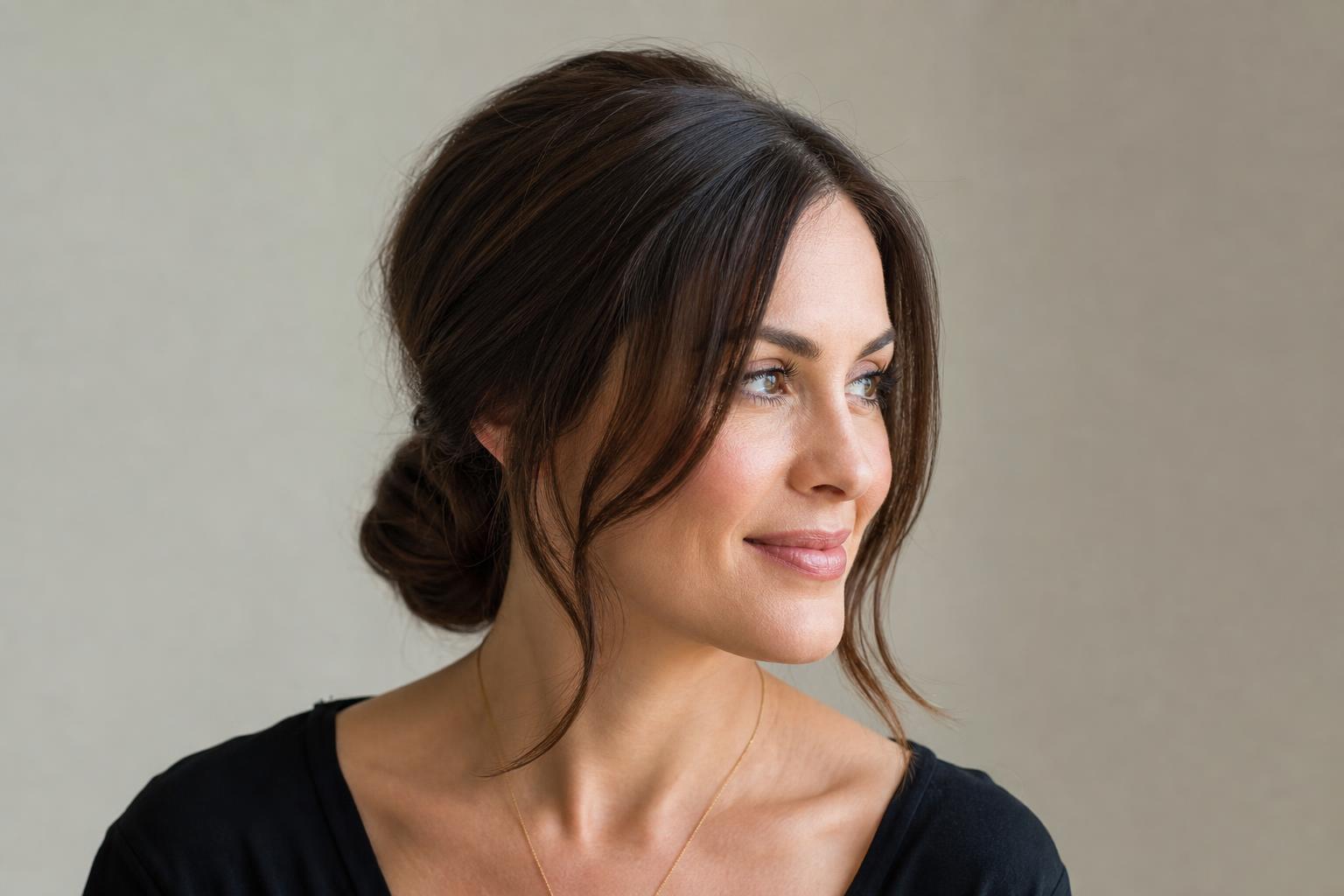 Polished Low Chignon with Soft Face-Framing Pieces on Dark Brown Hair