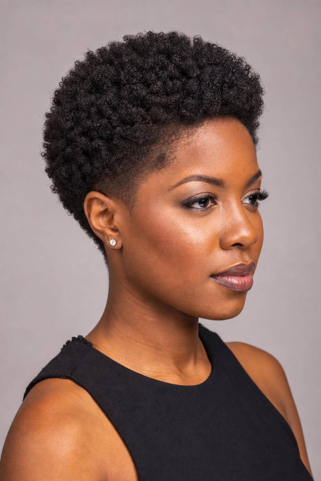 Tapered Short Cut with a Soft Faded Neckline on Natural Coily Hair