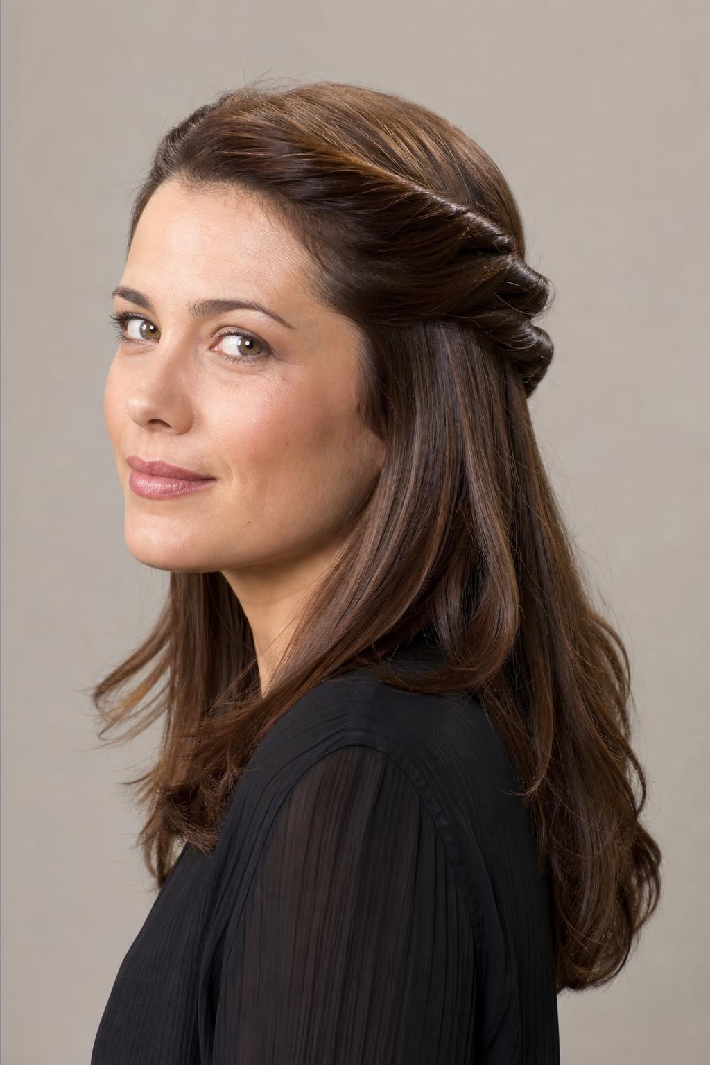 Twisted Half-Up with Crossed Sections and Concealed Pins on Chestnut Hair