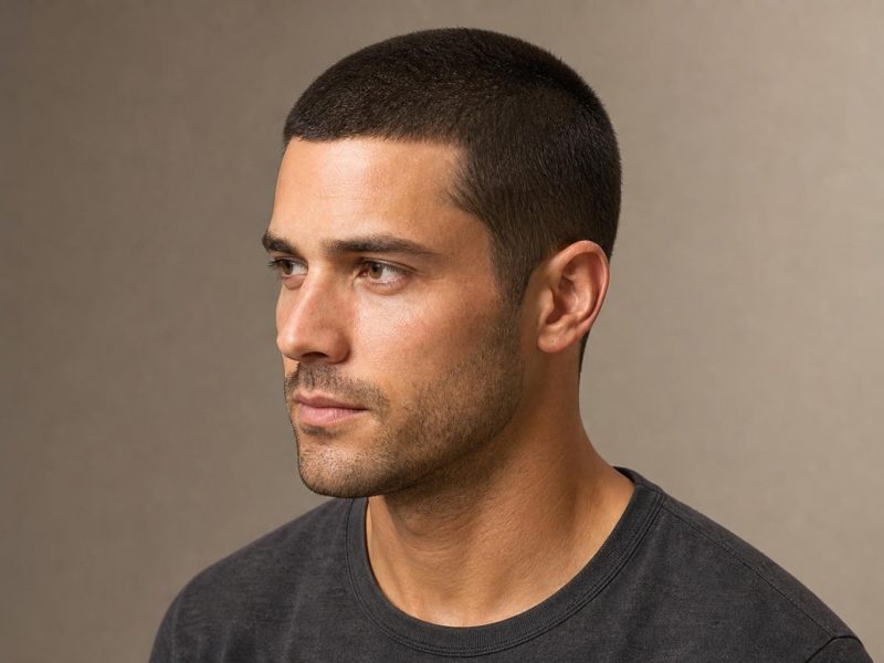 3 Guard Buzz Cut with Even Length All Over on Dark Brown Straight Hair