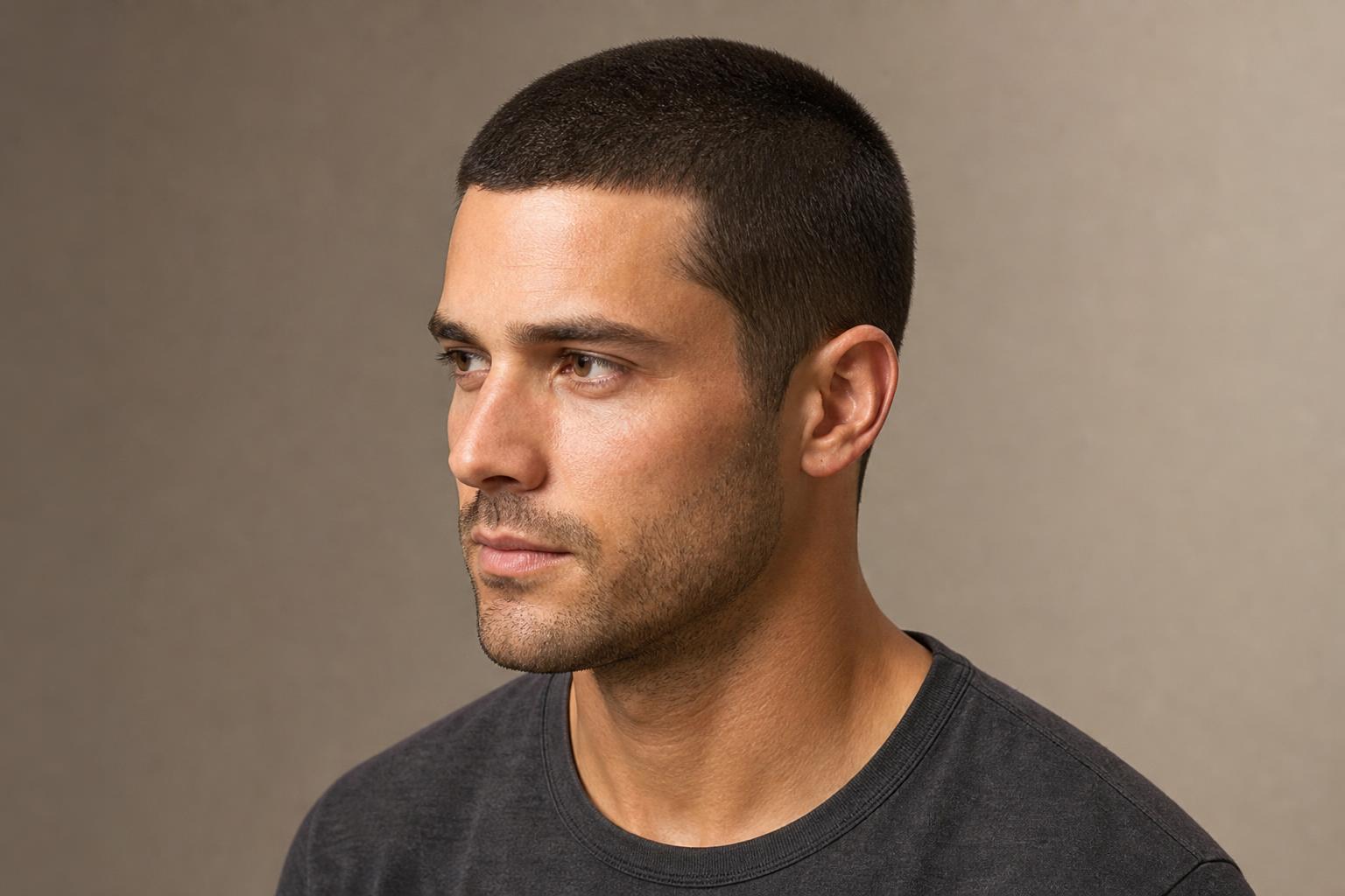 3 Guard Buzz Cut with Even Length All Over on Dark Brown Straight Hair