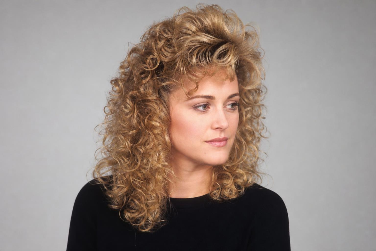 Voluminous 80s Perm with Teased Crown and Side-Swept Bangs on Dark Blonde Hair