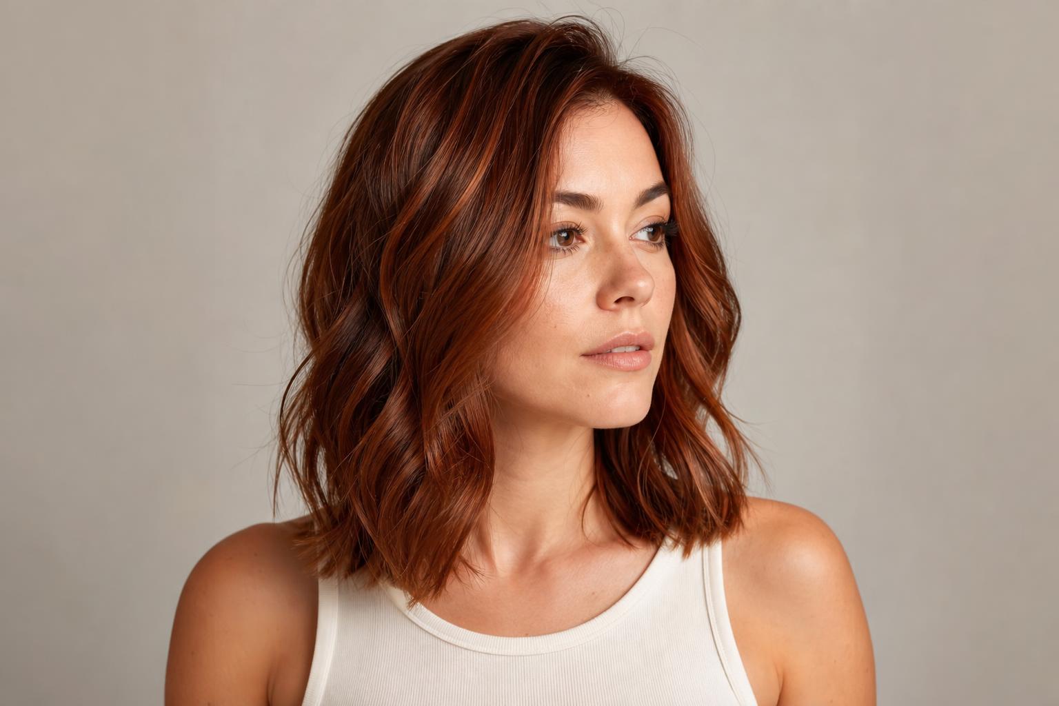 Level 6 Auburn Hair with a Copper Reflect on Shoulder-Length Waves