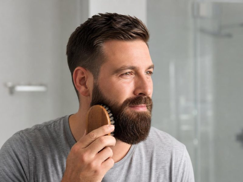 Man Brushing a Full Beard with a Boar Bristle Brush to Keep Skin Clear