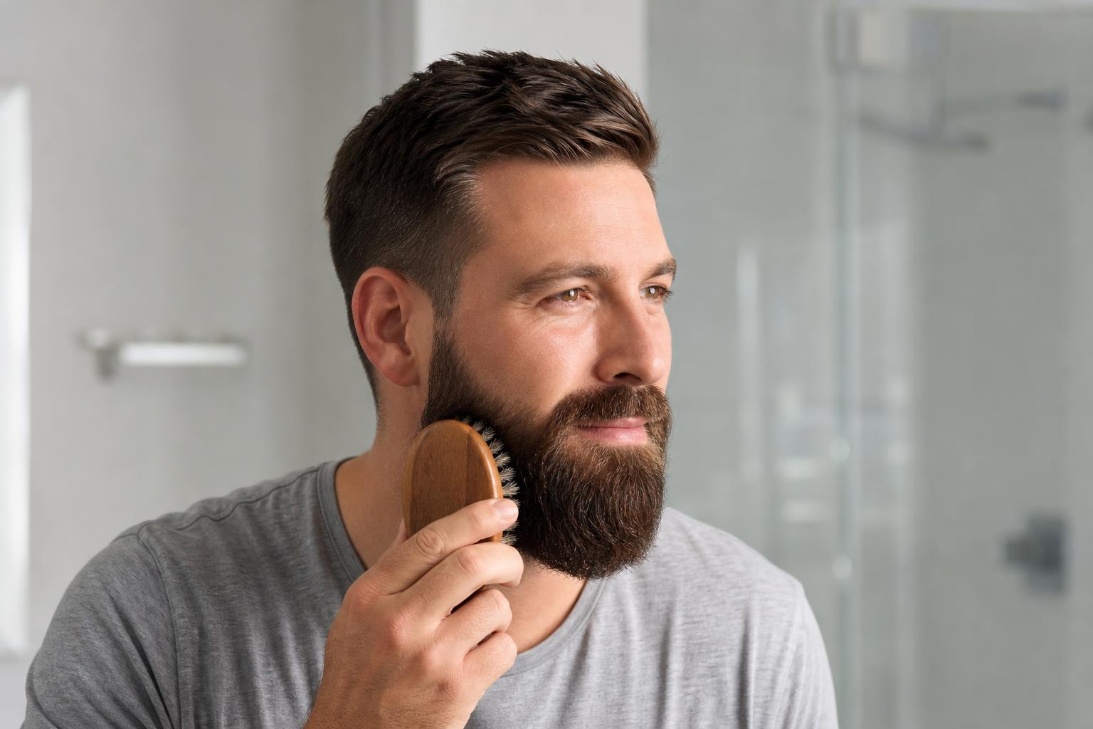 Man Brushing a Full Beard with a Boar Bristle Brush to Keep Skin Clear