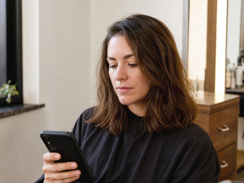 Woman in a Salon Chair Choosing a New Haircut on Her Phone before a Cut