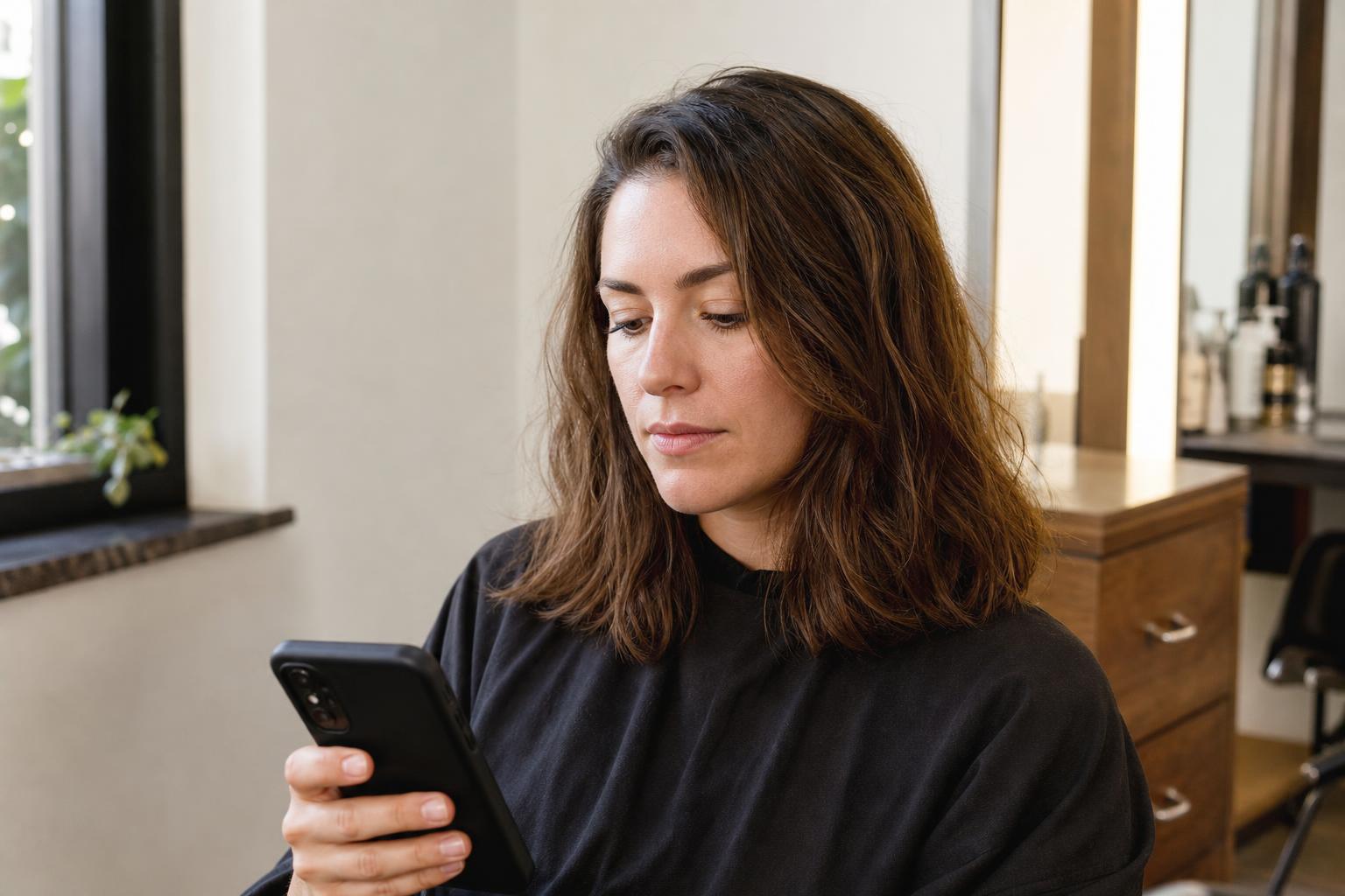 Woman in a Salon Chair Choosing a New Haircut on Her Phone before a Cut