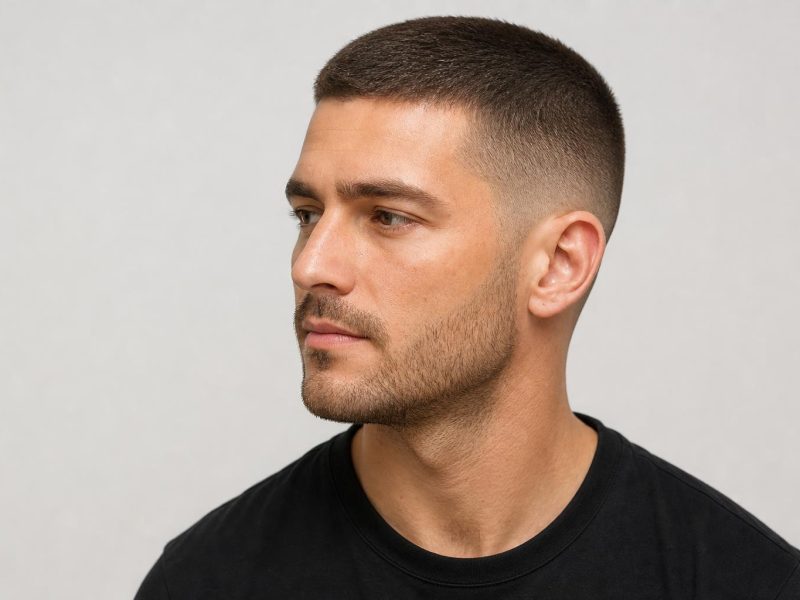 Guard 2 Buzz Cut with a Mid Fade and Tapered Neckline on Dark Brown Hair