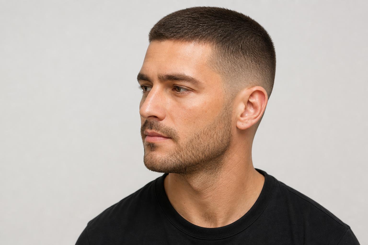 Guard 2 Buzz Cut with a Mid Fade and Tapered Neckline on Dark Brown Hair