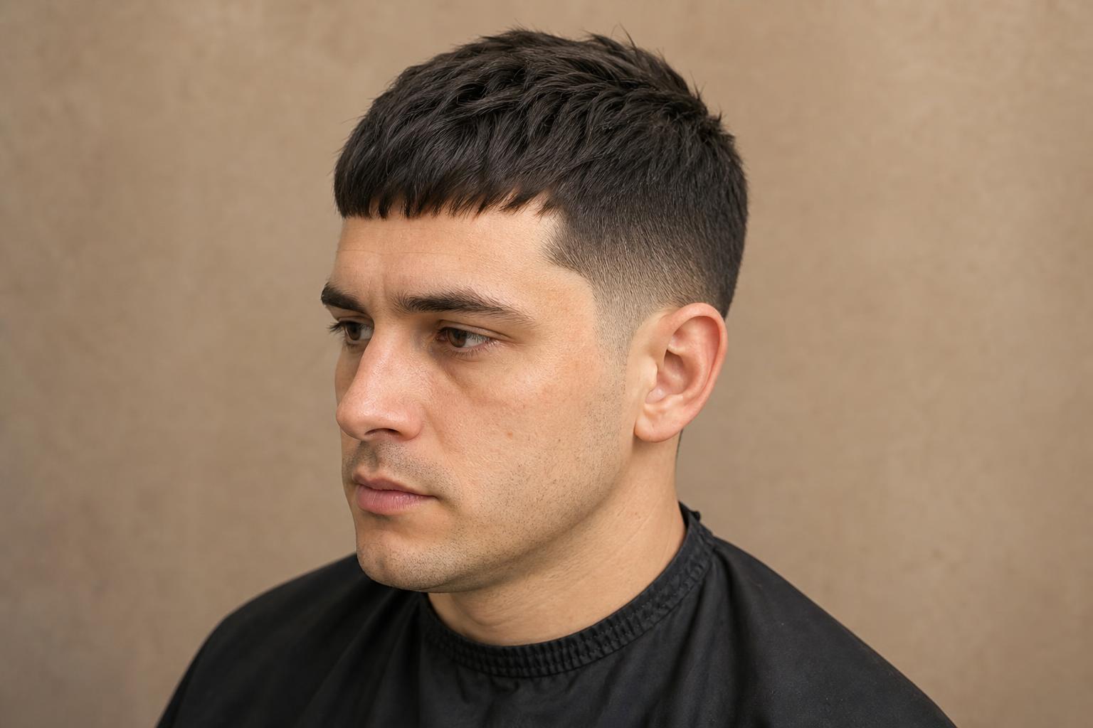 Caesar Haircut With Short Horizontal Fringe and Low Taper