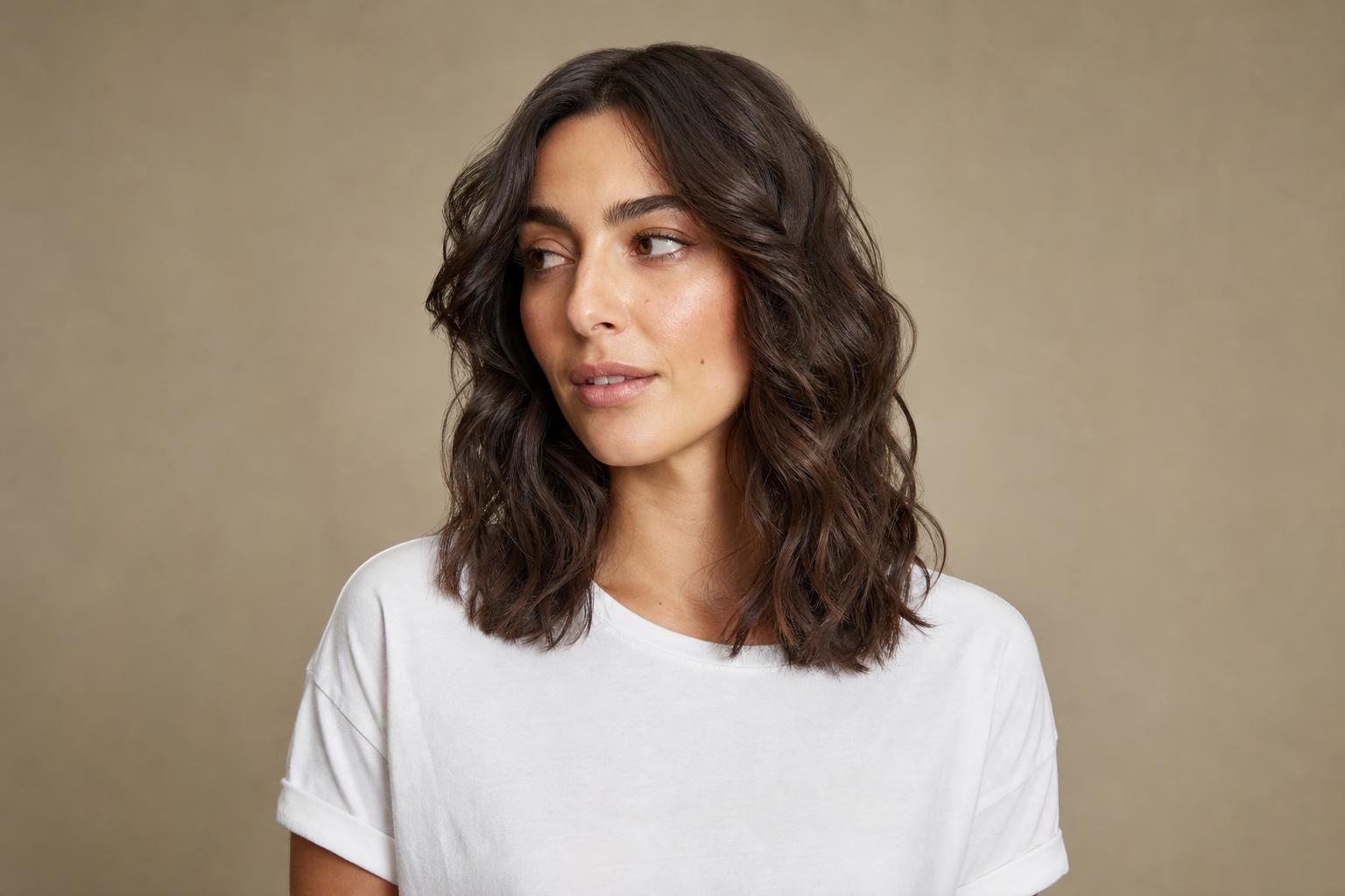 Defined 2B Waves Styled with Curl Cream on Shoulder-Length Brown Hair