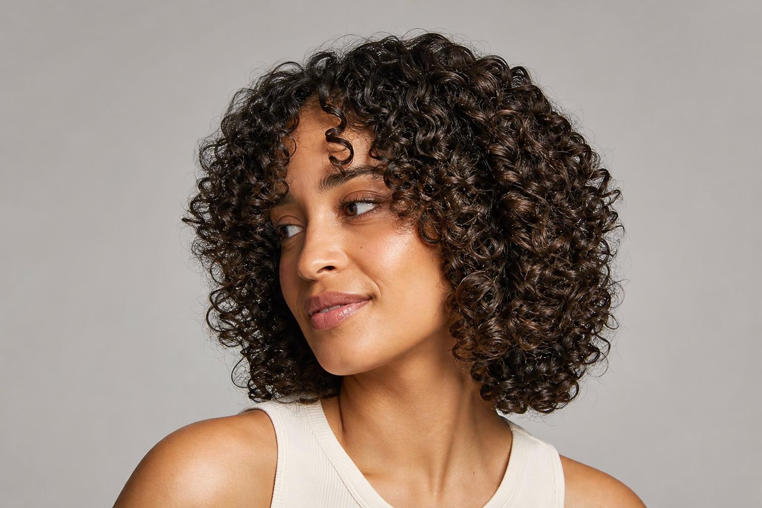Defined Glossy 3b Spiral Curls at Shoulder Length on Dark Brown Hair