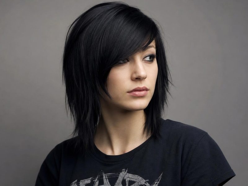 Emo Hair with a Long Side Swept Fringe and Choppy Black Layers