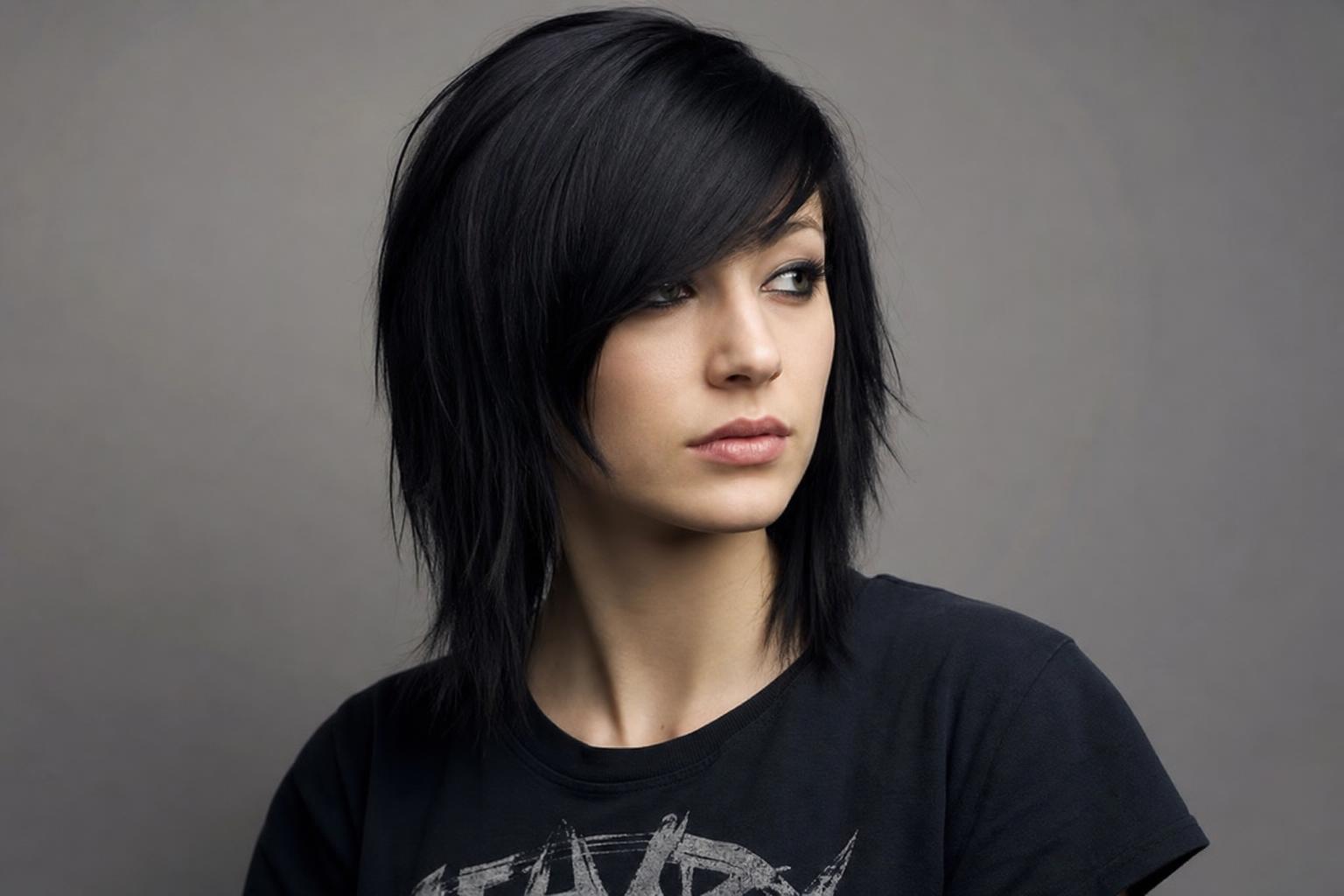 Emo Hair with a Long Side Swept Fringe and Choppy Black Layers