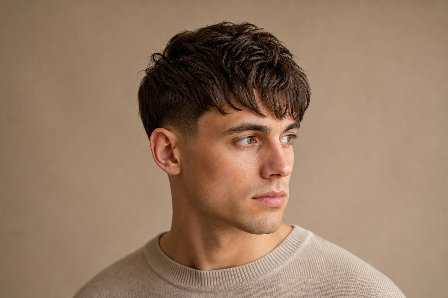 Textured Forward Fringe Haircut on a Man with Thick Dark Brown Hair and a Low Taper