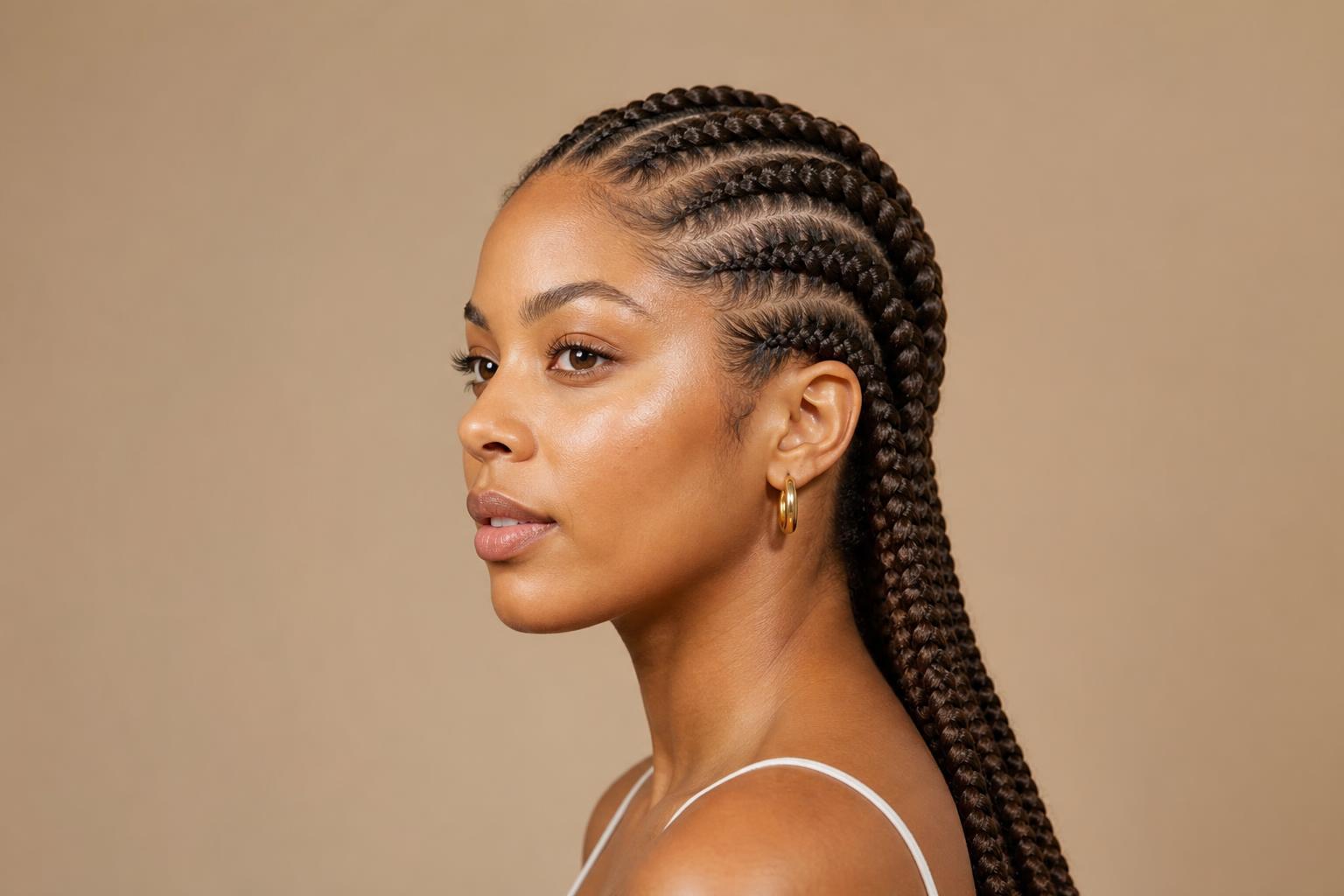 Ghana Braids in a Straight-Back Feed-In Pattern on Long Dark Extensions