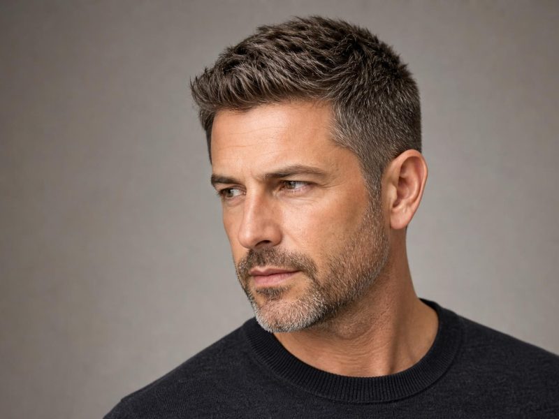 Blended Salt-and-Pepper Gray in a Medium Brown Textured Crop with a Matching Short Beard