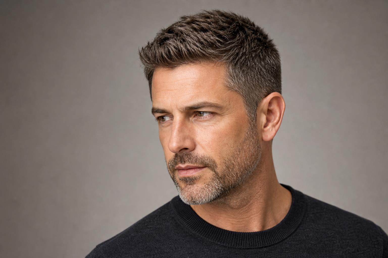 Blended Salt-and-Pepper Gray in a Medium Brown Textured Crop with a Matching Short Beard