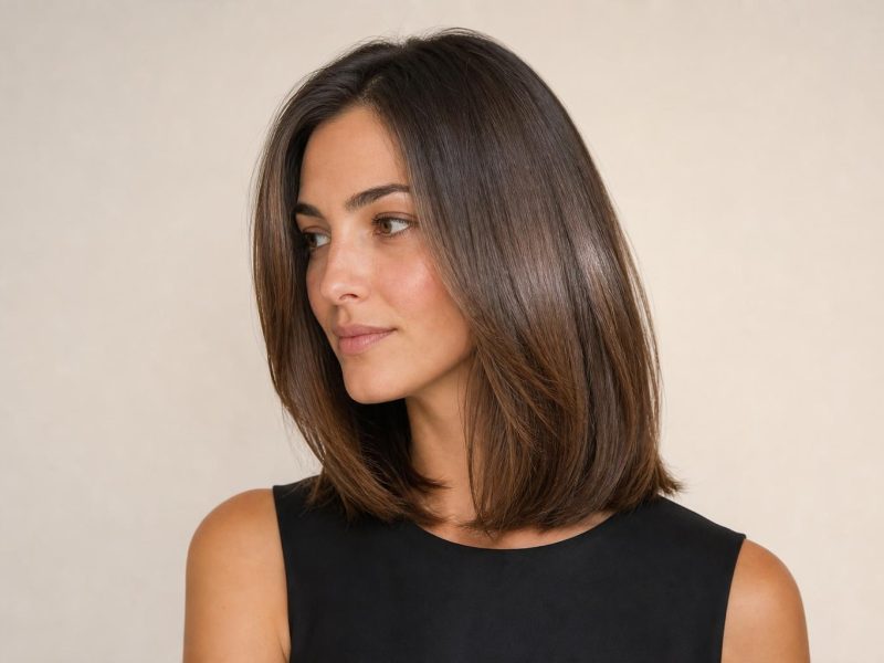Glossy Shoulder-Length Medium-Brown Hair with a Mirror Shine After an At-Home Gloss