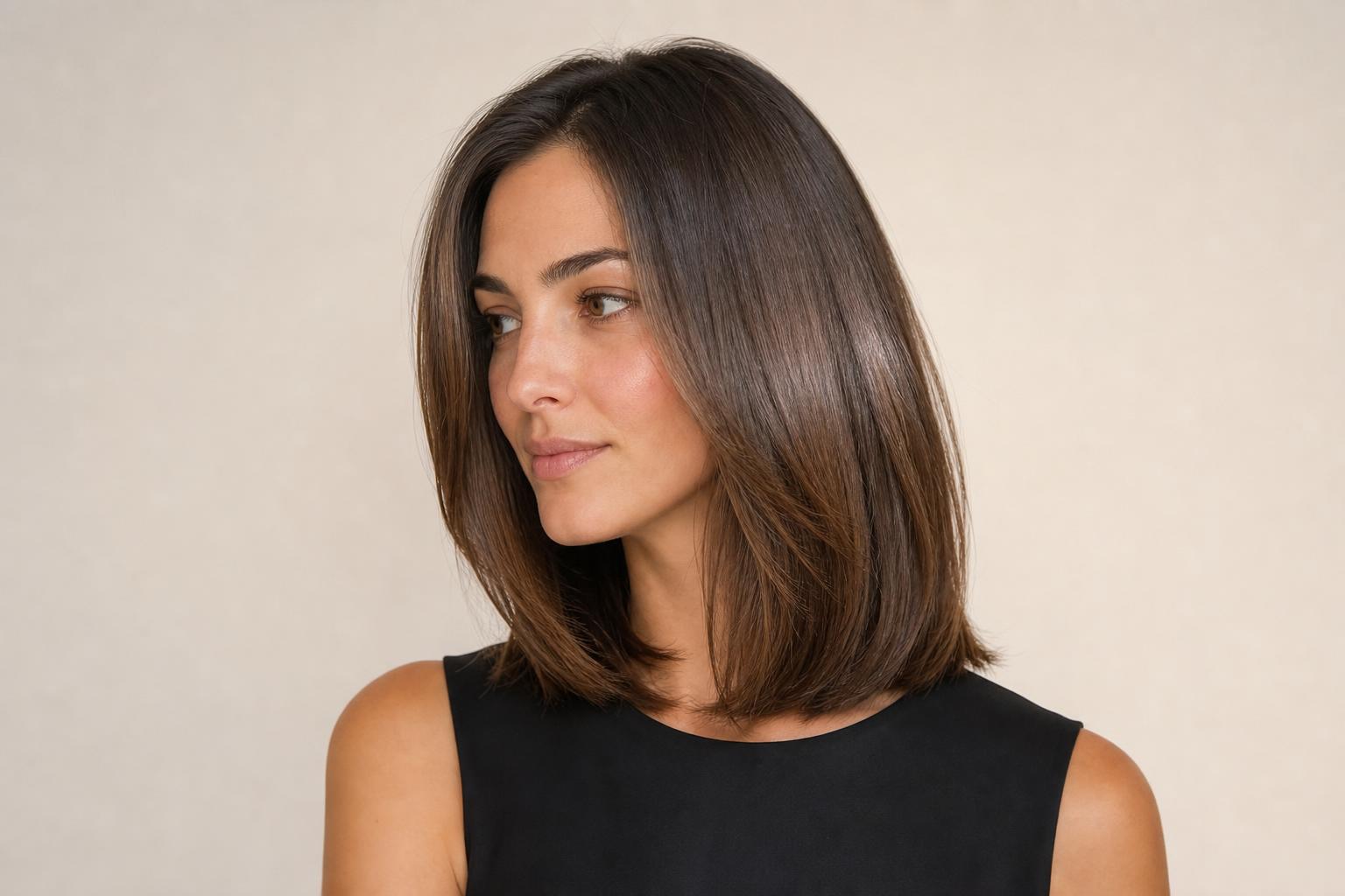 Glossy Shoulder-Length Medium-Brown Hair with a Mirror Shine After an At-Home Gloss