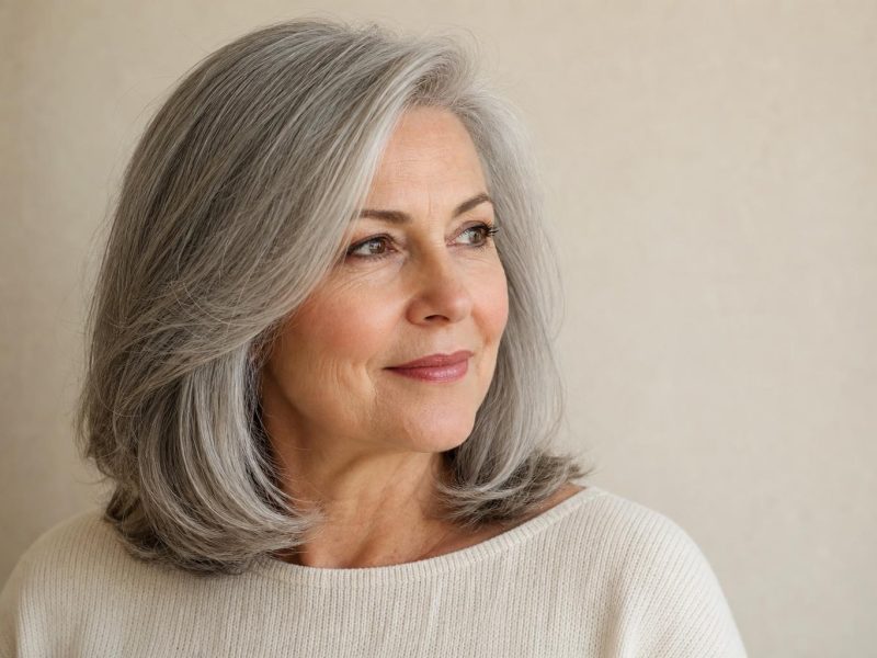 Hair Styles for Women Over 60 With Soft Silver Layered Shoulder-Length Hair