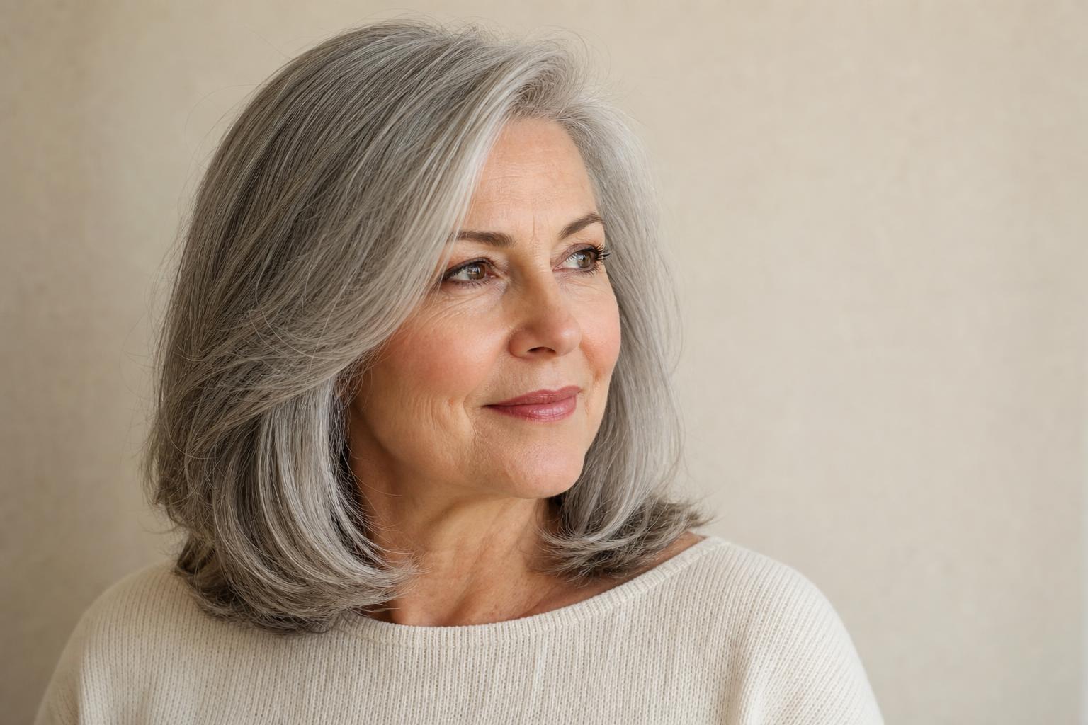 Hair Styles for Women Over 60 With Soft Silver Layered Shoulder-Length Hair