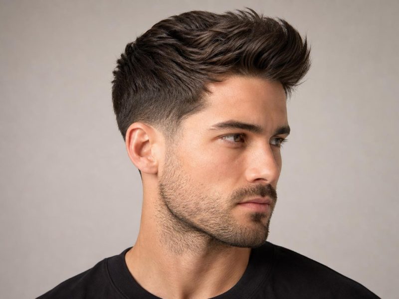 Textured Quiff with a Low Fade on a Man with a Square Jaw and Heavy Stubble