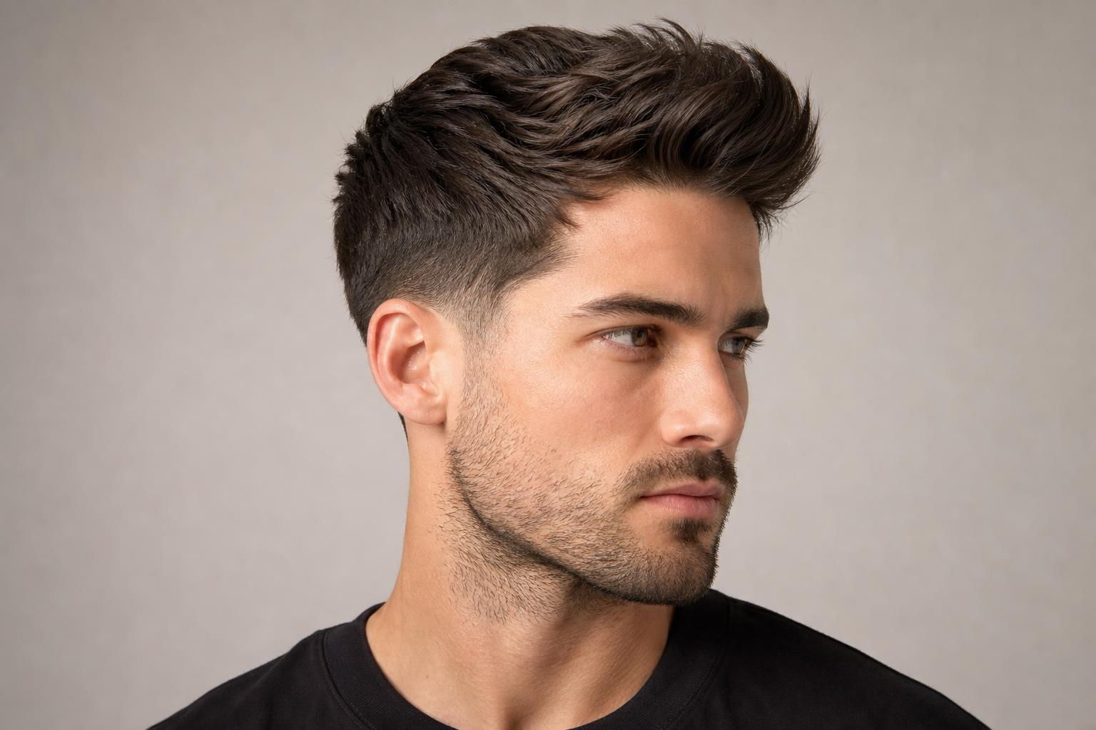 Textured Quiff with a Low Fade on a Man with a Square Jaw and Heavy Stubble