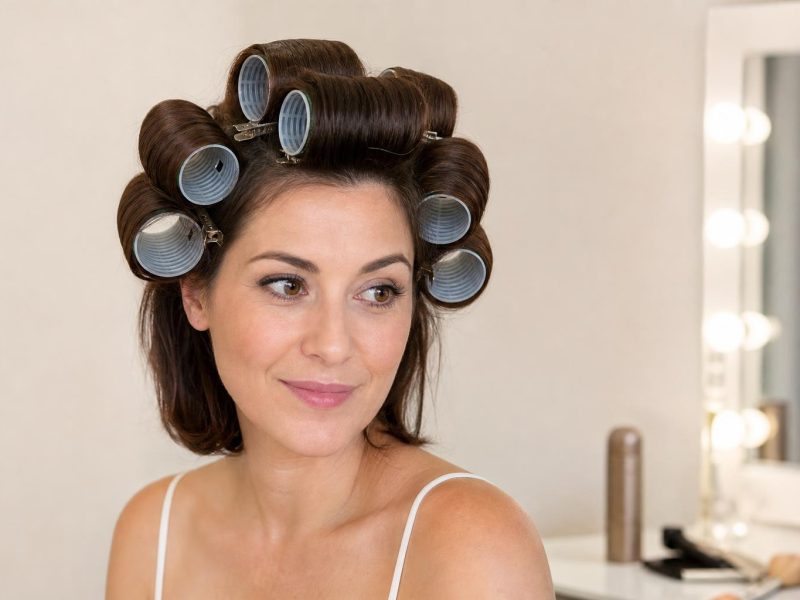 Hot Rollers Set in Shoulder Length Brown Hair Before Brushing Out