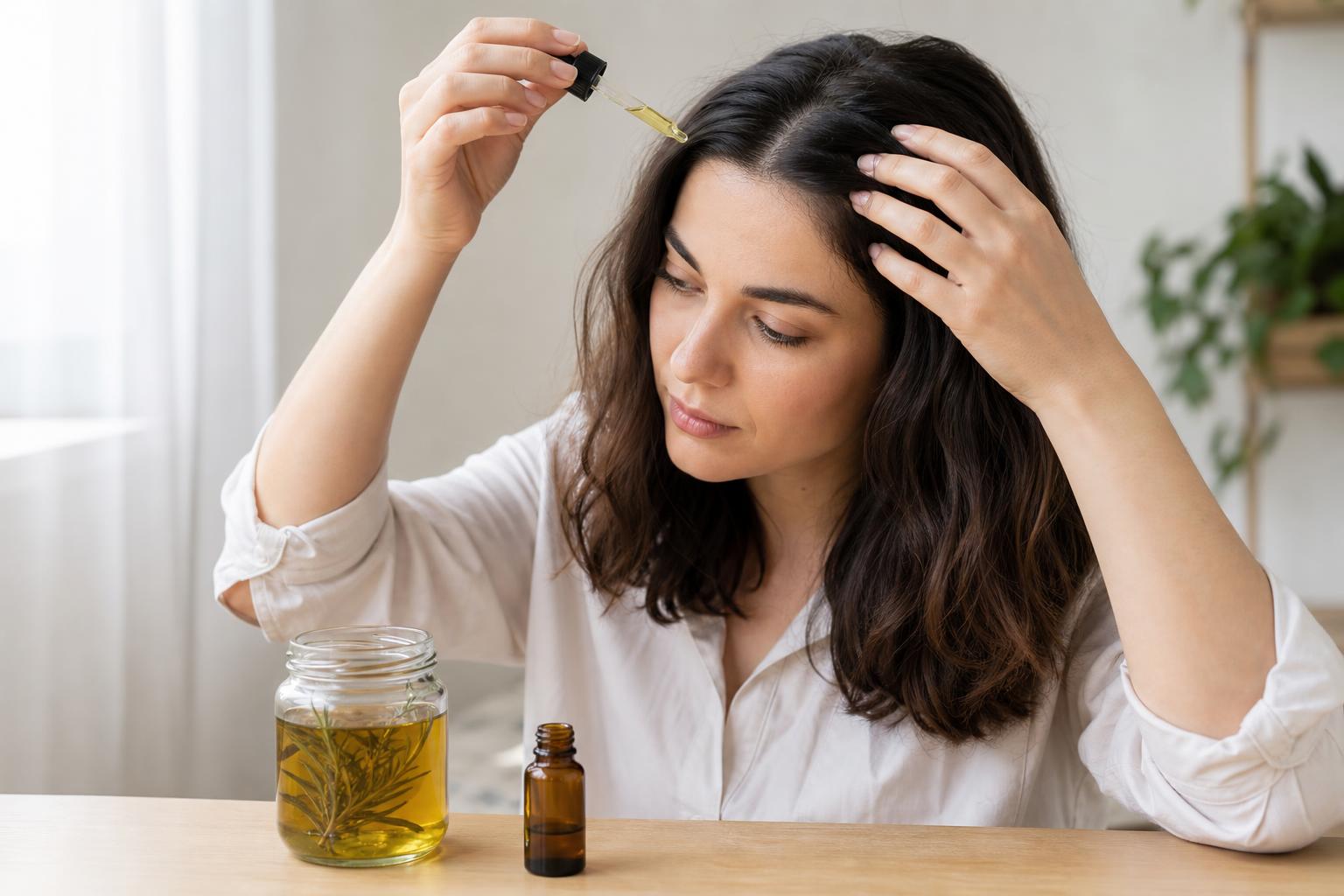 Glass Jar of Homemade Rosemary Oil with Dried Rosemary Sprigs Beside a Woman Parting Dark Wavy Hair