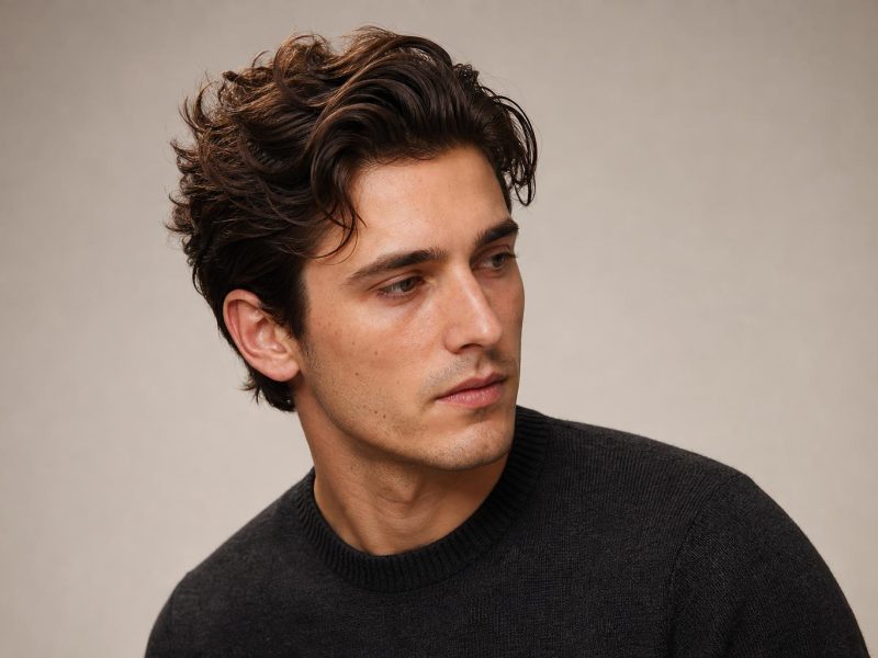 Jacob Elordi Style Haircut with Tousled Dark Wavy Hair on a Tall Young Man
