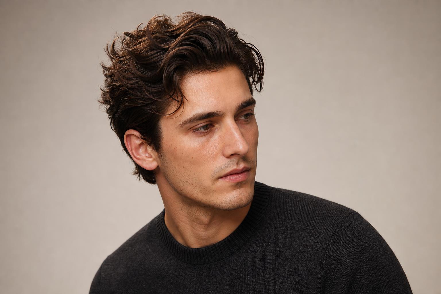Jacob Elordi Style Haircut with Tousled Dark Wavy Hair on a Tall Young Man
