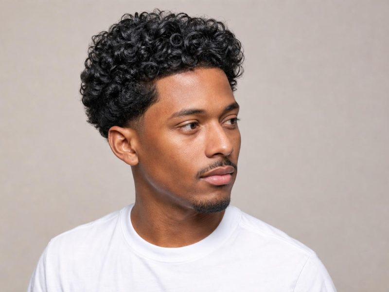 Modern Jheri Curl Style with Soft Loose Glossy Curls on a Black Man