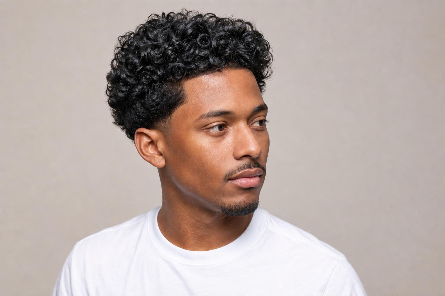 Modern Jheri Curl Style with Soft Loose Glossy Curls on a Black Man