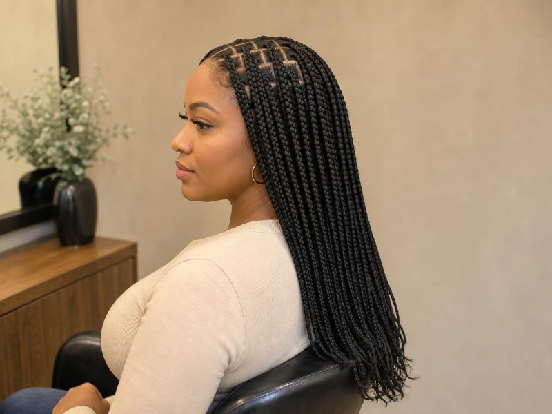 Knotless Box Braids in Medium Size With Flat Feed In Roots