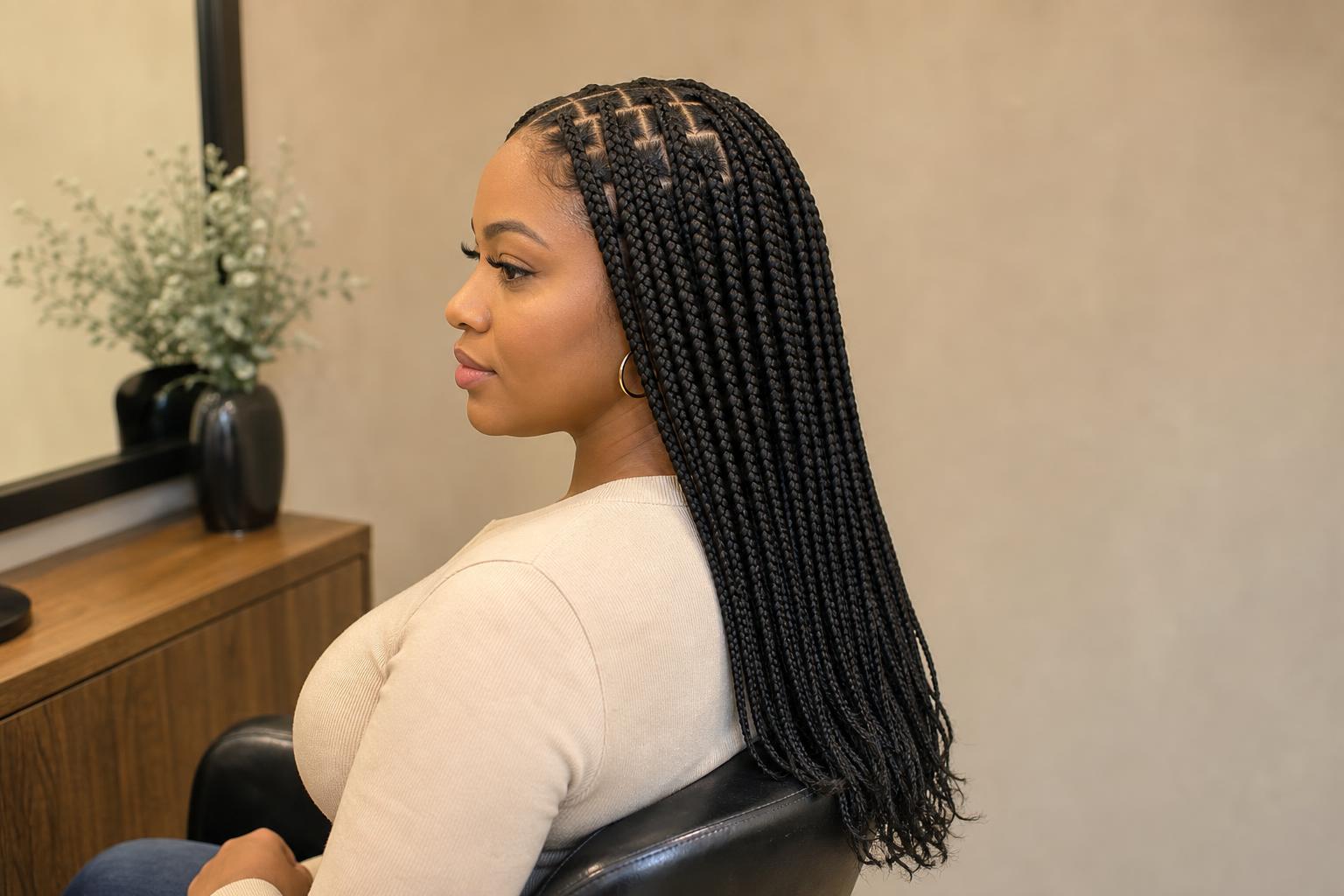 Knotless Box Braids in Medium Size With Flat Feed In Roots