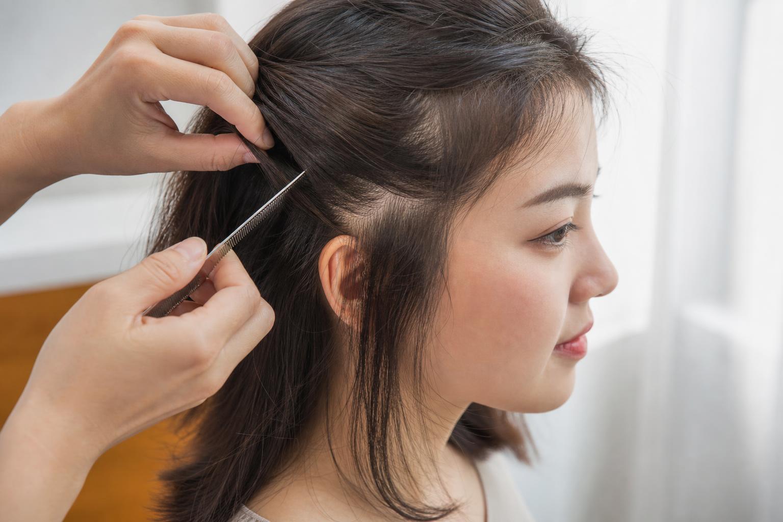 Fine-Tooth Metal Comb Parting Dark Brown Hair Behind the Ear for a Close Scalp Check