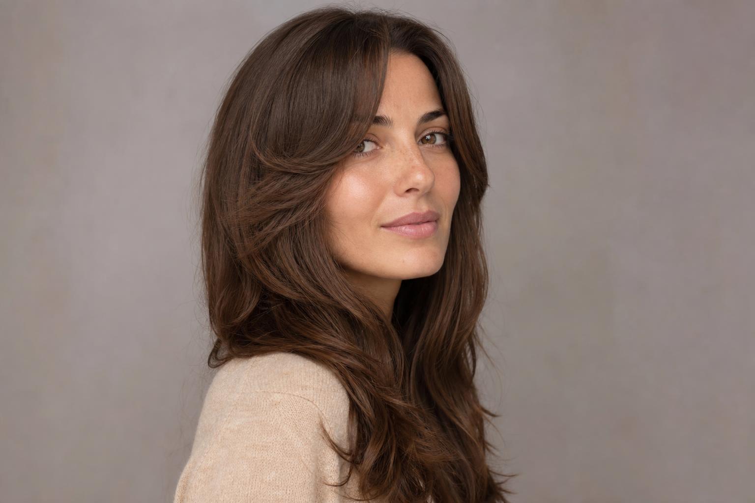 Long Layered Hair with a Curtain Fringe and Chin-Length Face-Framing Pieces on Thick Wavy Brown Hair