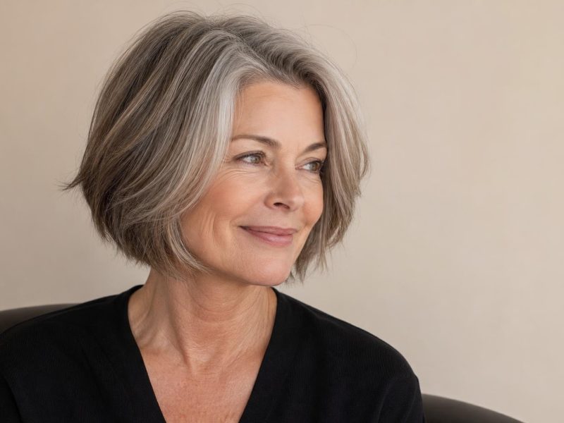 Low Maintenance Chin Length Bob on a Woman Over 50 With Silver Blended Hair