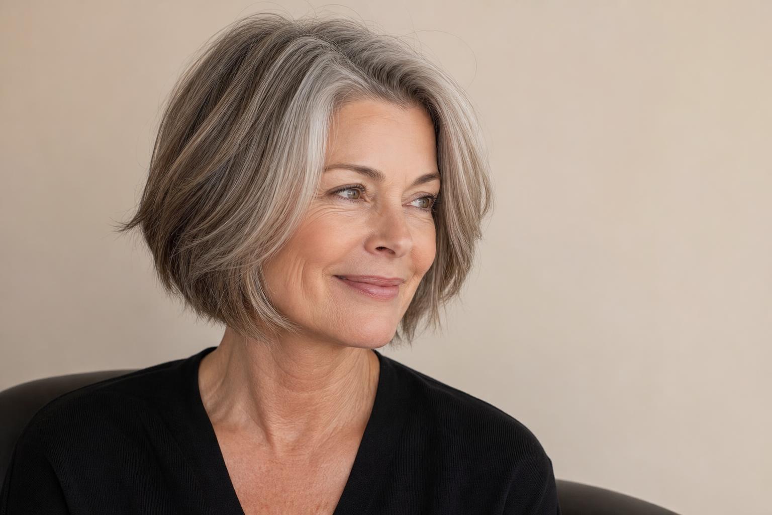 Low Maintenance Chin Length Bob on a Woman Over 50 With Silver Blended Hair