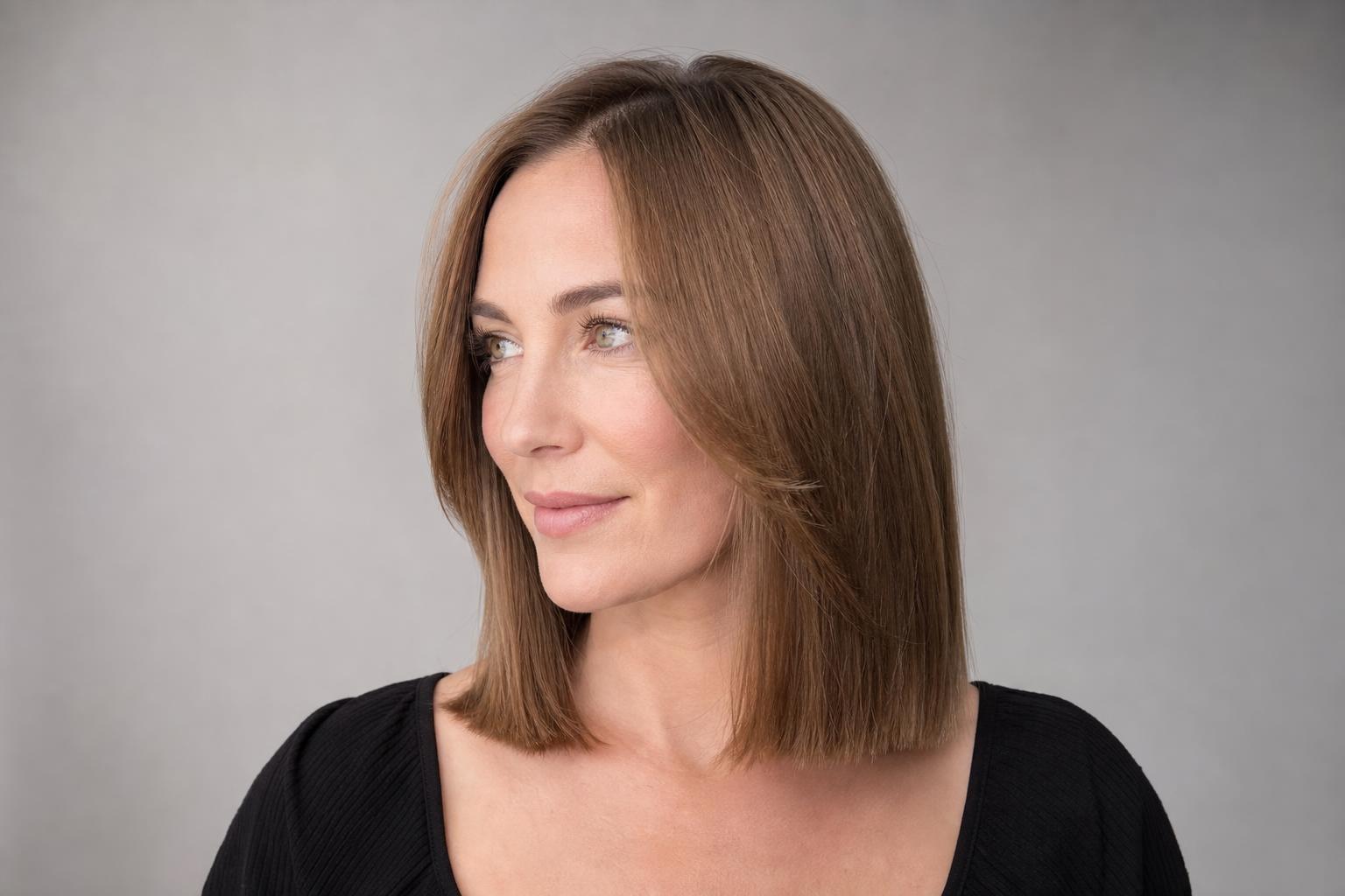 Medium Layered Haircut on Fine Hair With a Strong Blunt Perimeter