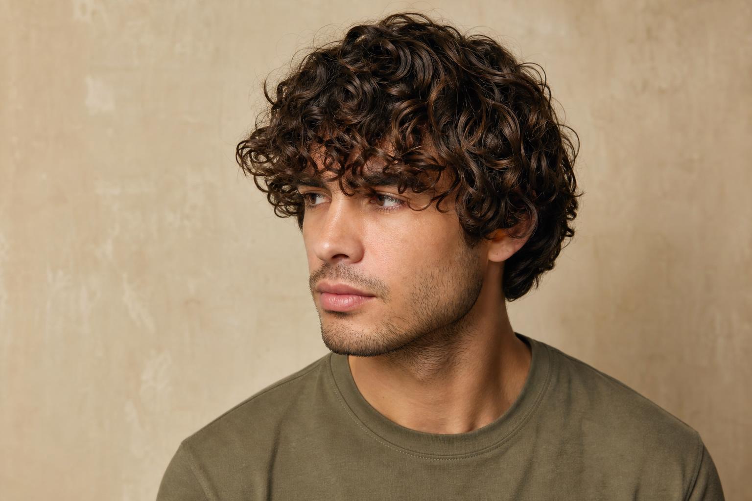 Medium-Length Curly Hair on a Man With Defined Curls Falling to the Ears