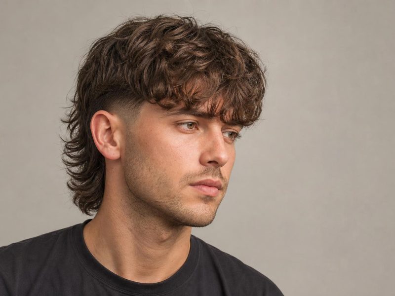 Modern Mullet Haircut with Blended Sides and Collar-Length Back on Thick Wavy Brown Hair