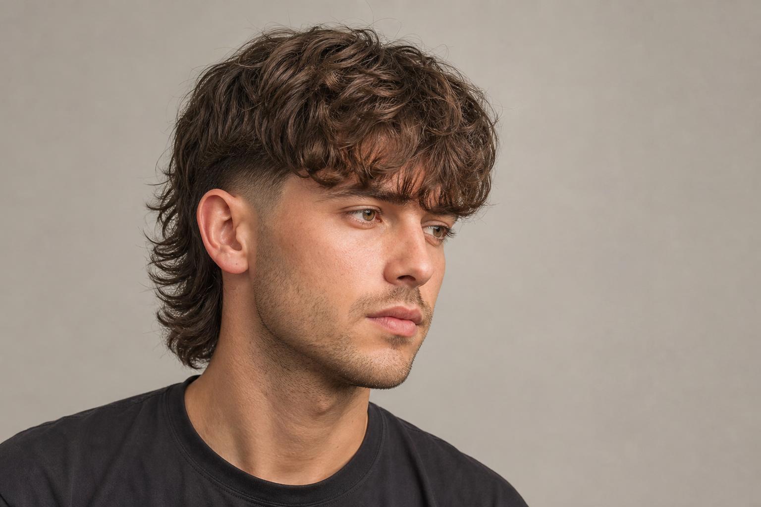 Modern Mullet Haircut with Blended Sides and Collar-Length Back on Thick Wavy Brown Hair