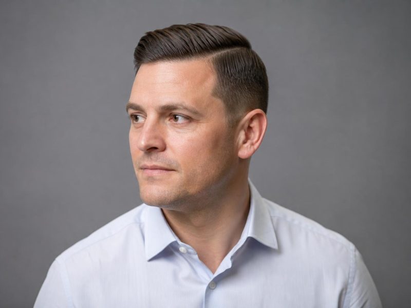 Professional Side Part Haircut With a Taper on a Man in an Office Shirt