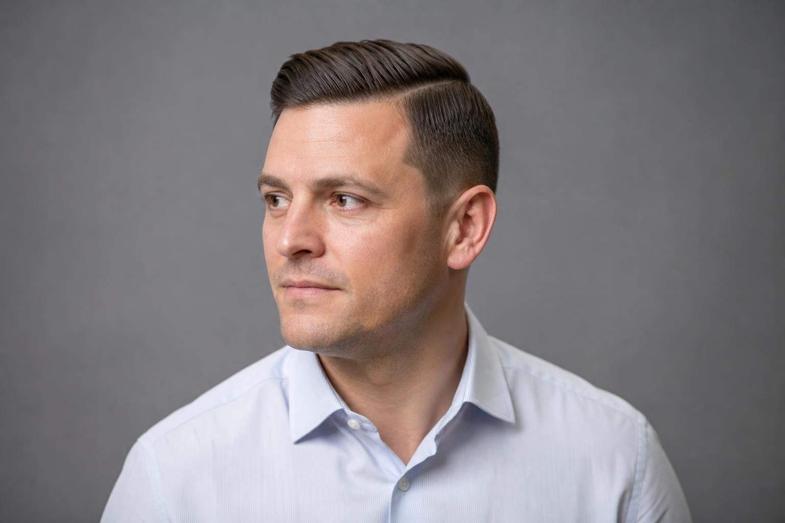 Professional Side Part Haircut With a Taper on a Man in an Office Shirt