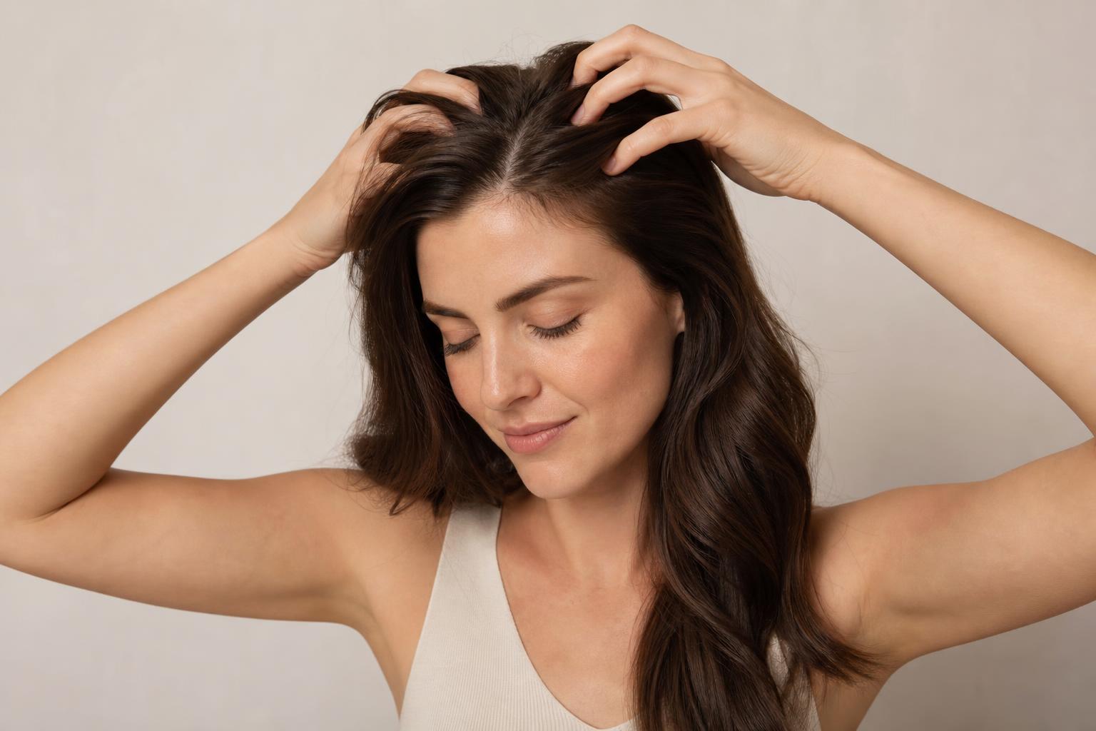 Woman Massaging Her Scalp at the Part Line on Long Dark Brown Wavy Hair