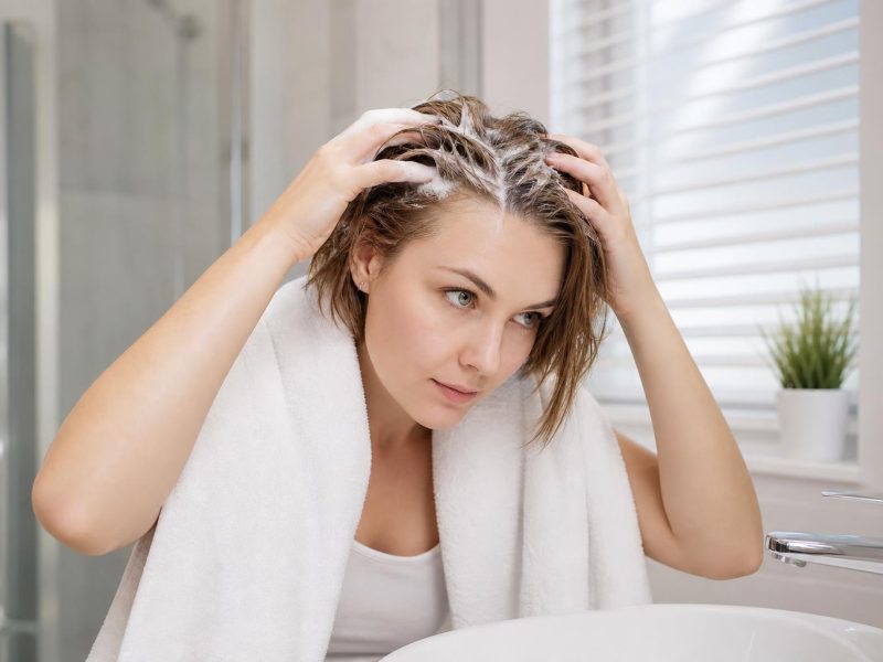 Woman with Fine Straight Light Brown Hair Lathering Shampoo at the Roots Over a Bathroom Sink