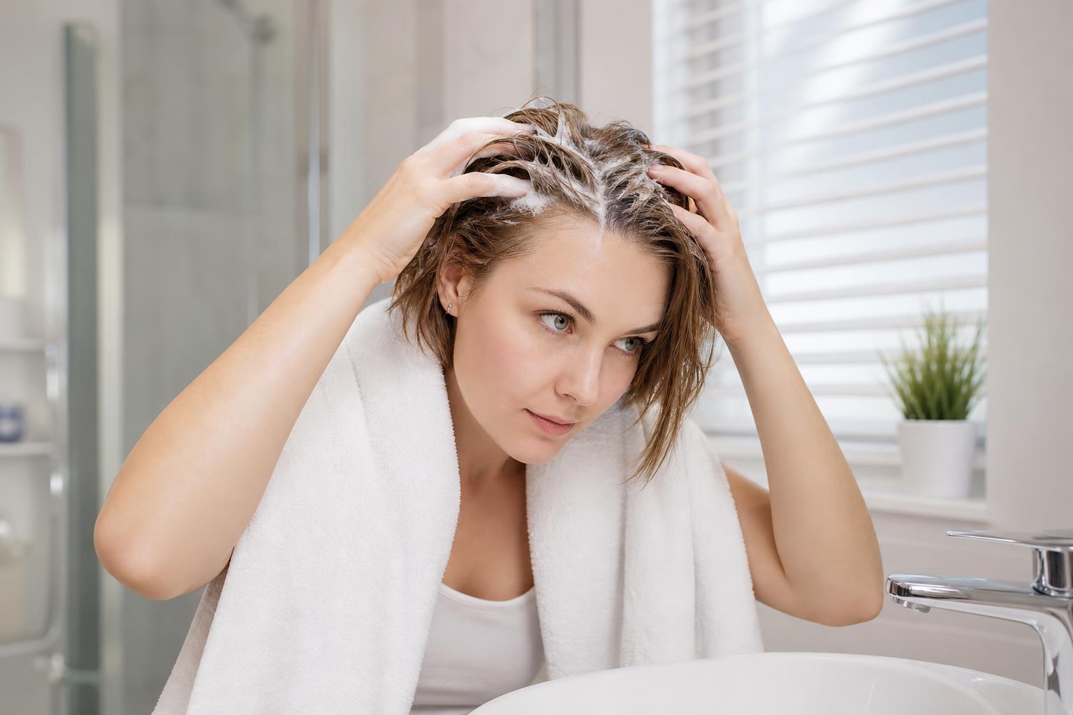 Woman with Fine Straight Light Brown Hair Lathering Shampoo at the Roots Over a Bathroom Sink
